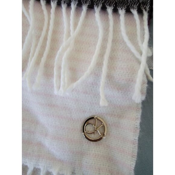 Calvin Klein Striped Acrylic Scarf With Fringe Detail In Plum Black & White - Picture 2 of 7